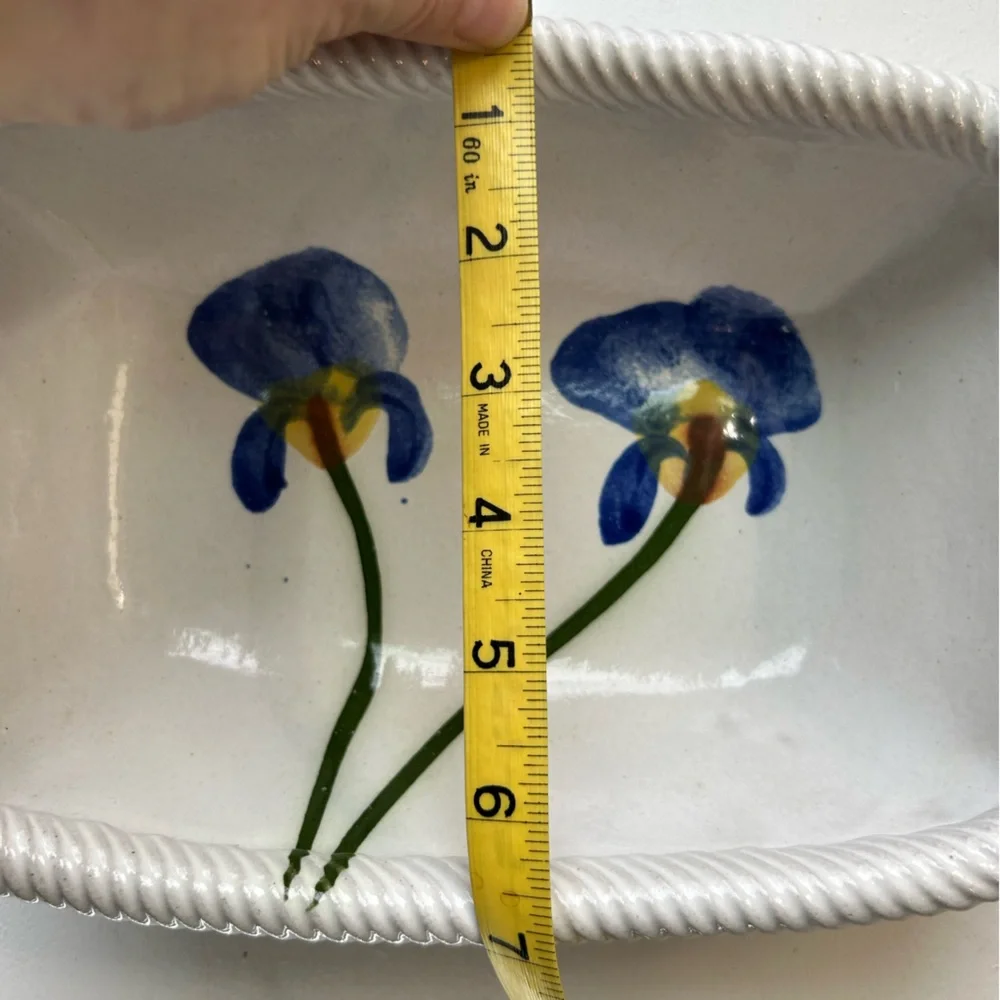 Blue iris handmade off white pottery ribbed edge casserole dish stamped